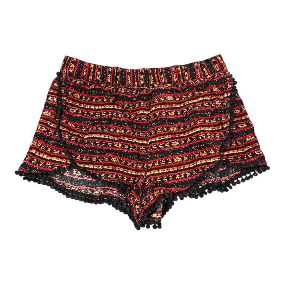 Forever 21 Women's Black Red Orange Tribal Print Pom Pom Shorts Size Large